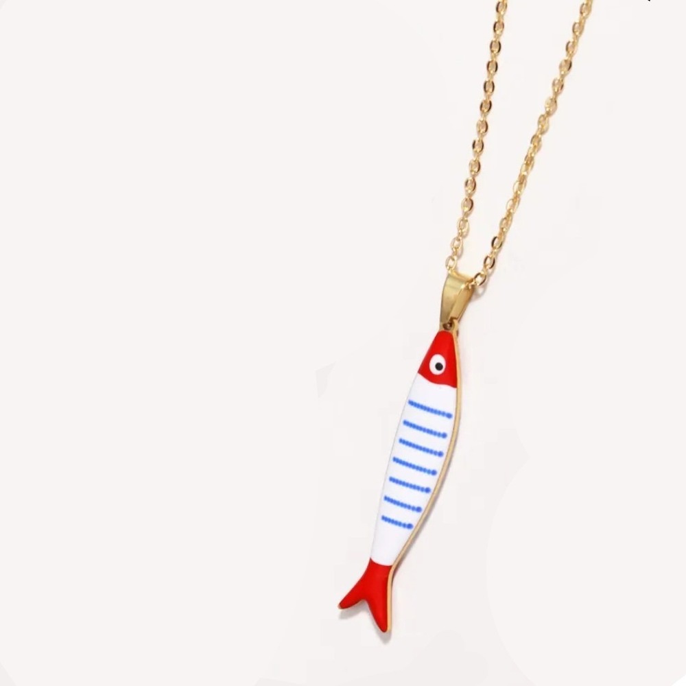 Gold Tone Enamel Sardine Fish Pendant Necklace Red White Blue Nautical Jewelry